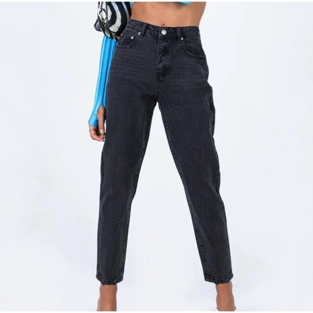 Princess Polly Zaiden Straight Leg Jeans Black Denim Distressed Relaxed Fit 8